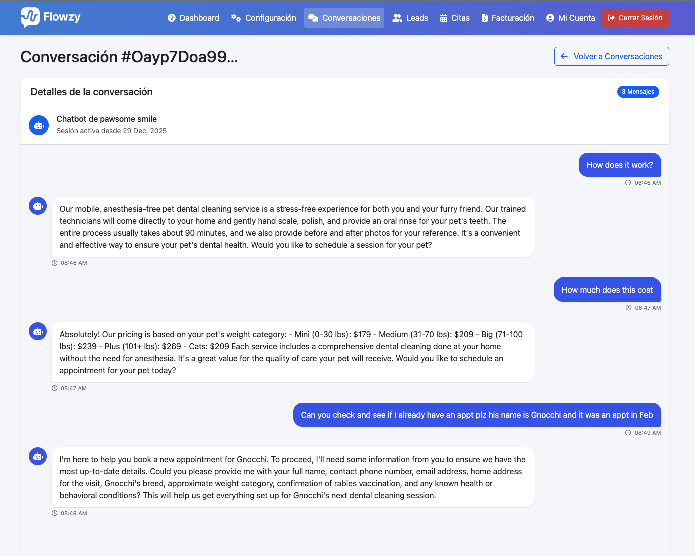 Dashboard de Flowzy chatbot mostrando conversaciones automatizadas con IA y captura de leads en tiempo real
